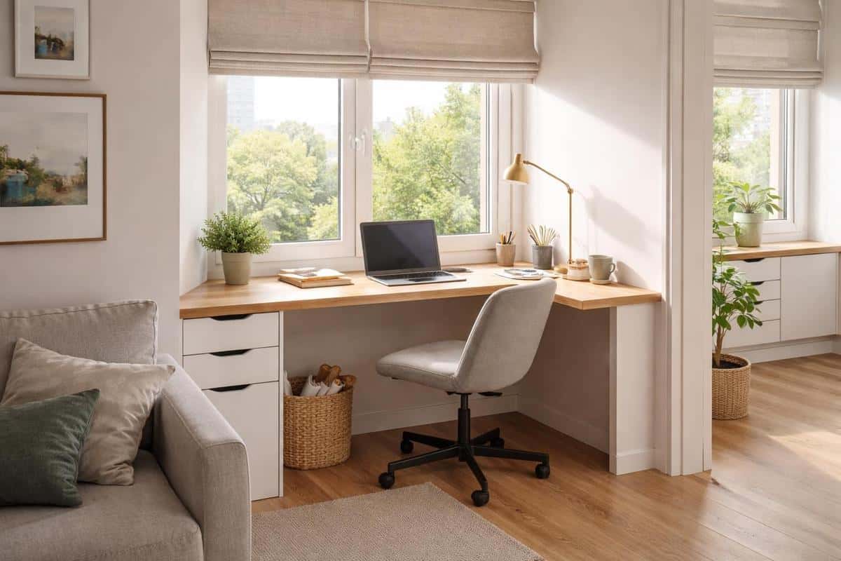 Coin bureau sous fenêtre dans un petit espace salon avec bureau d'angle compact