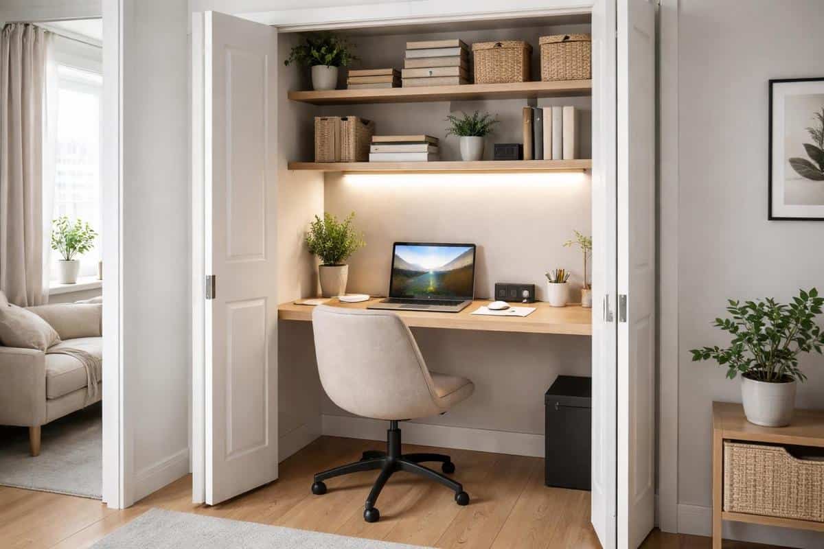 Bureau aménagé dans un placard cloffice petit espace bureau compact escamotable