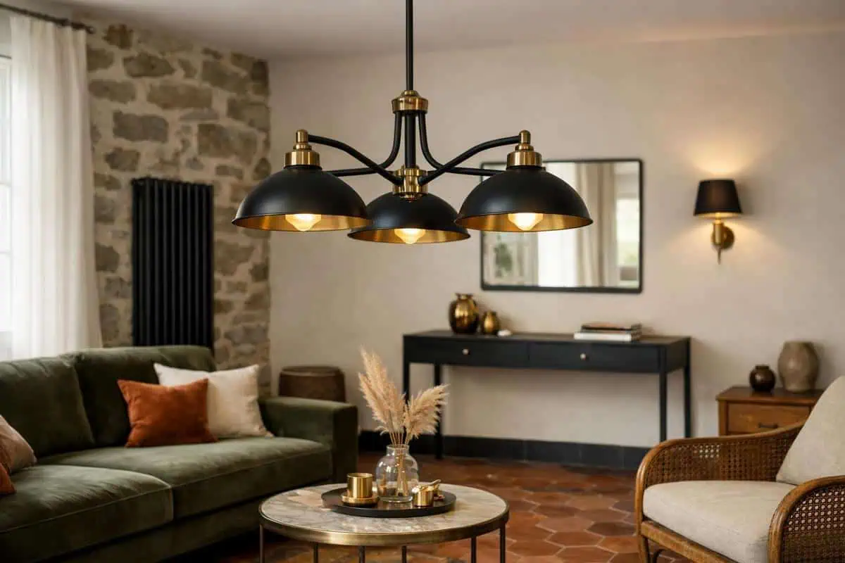 Accents noir mat et laiton brossé avec tomette rouge, finitions métalliques modernes salon