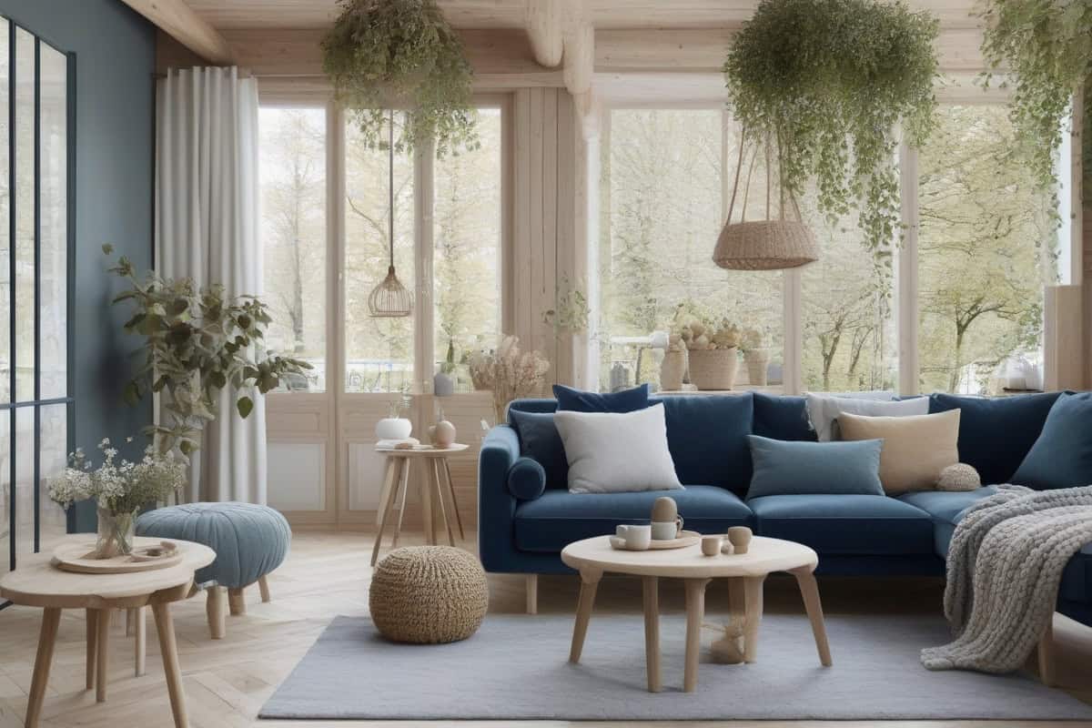 ambiance salon cocooning style scandinave hygge bois clair lin laine rotin velours chaleureux