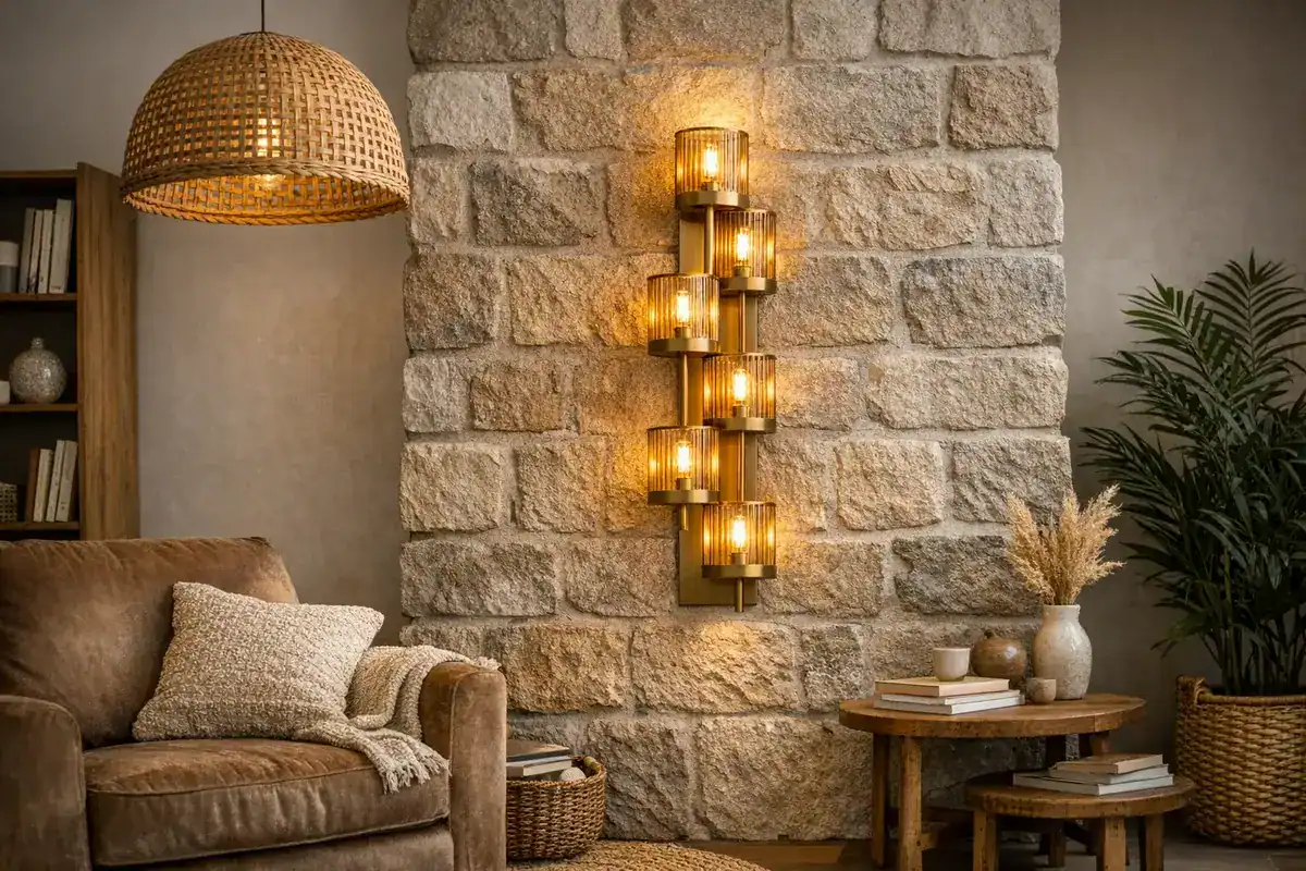 applique murale métal doré mat verre soufflé ambré idée déco salon beige chaleureux
