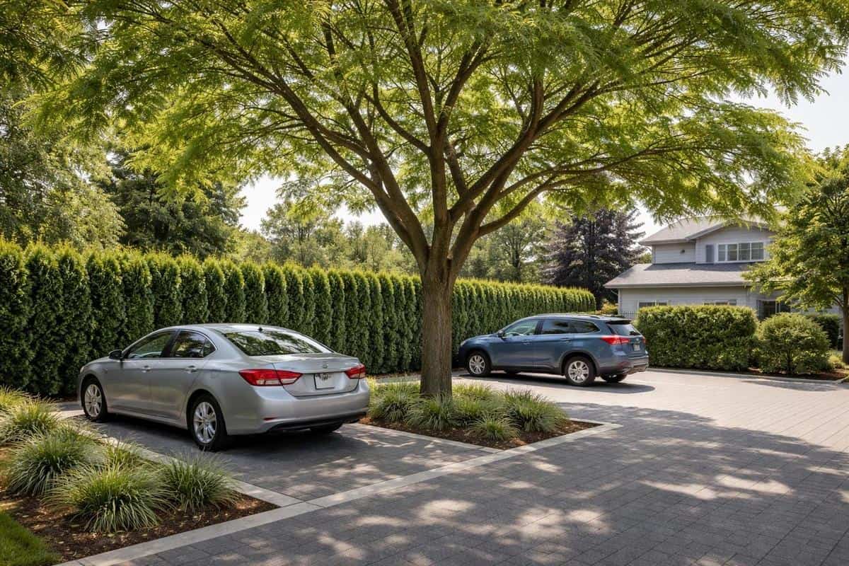 arbre ombre parking résidentiel févier Amérique Gleditsia racines non invasives aménagement extérieur maison
