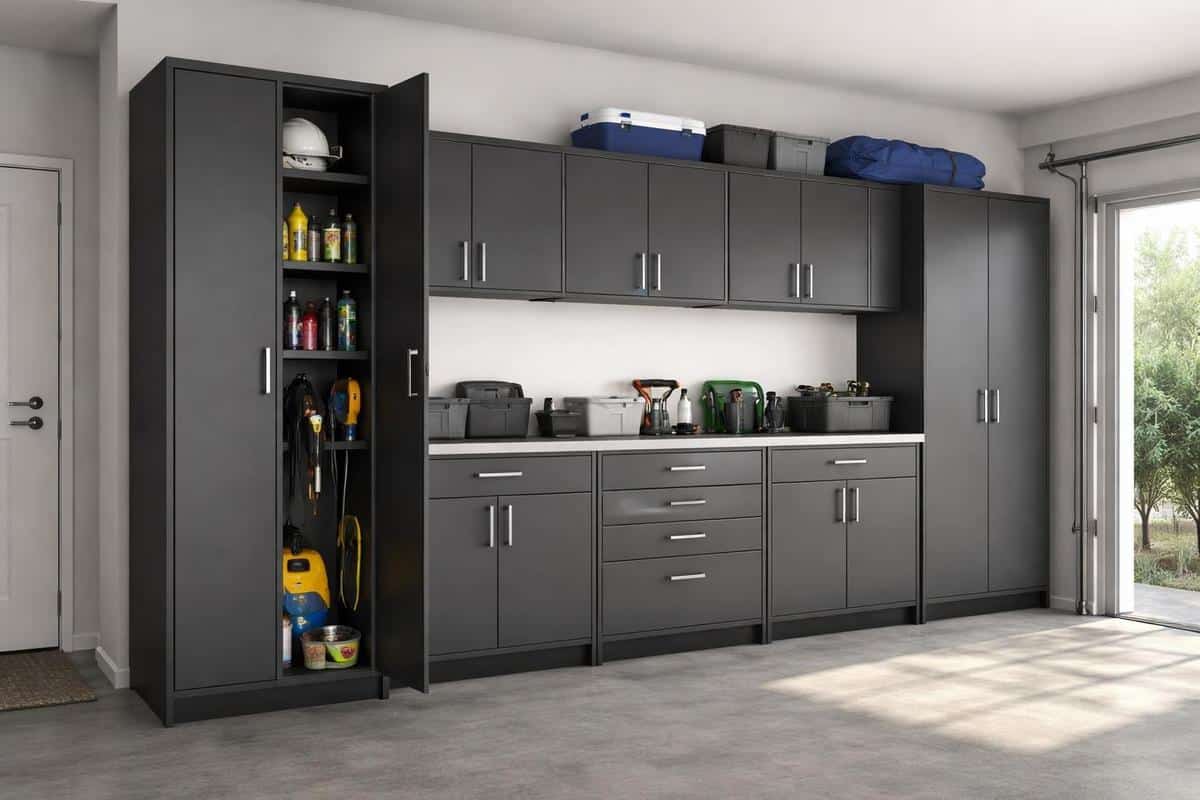 armoire colonne garage en métal époxy, rangement vertical trois niveaux, armoire de base et armoire de dessus pour aménagement garage