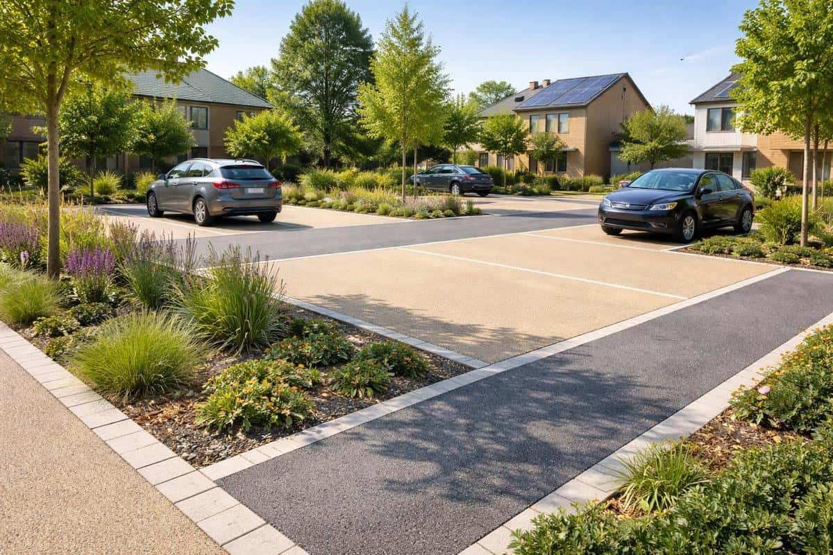 asphalte clair coloré sable ardoise parking extérieur îlot chaleur urbain aménagement maison écologique