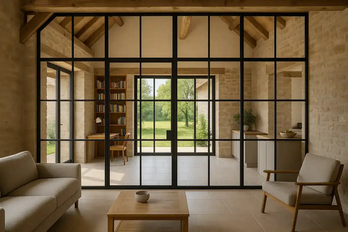 Baies vitrées généreuses avec profilés acier noir pour aménagement grange luminosité naturelle
