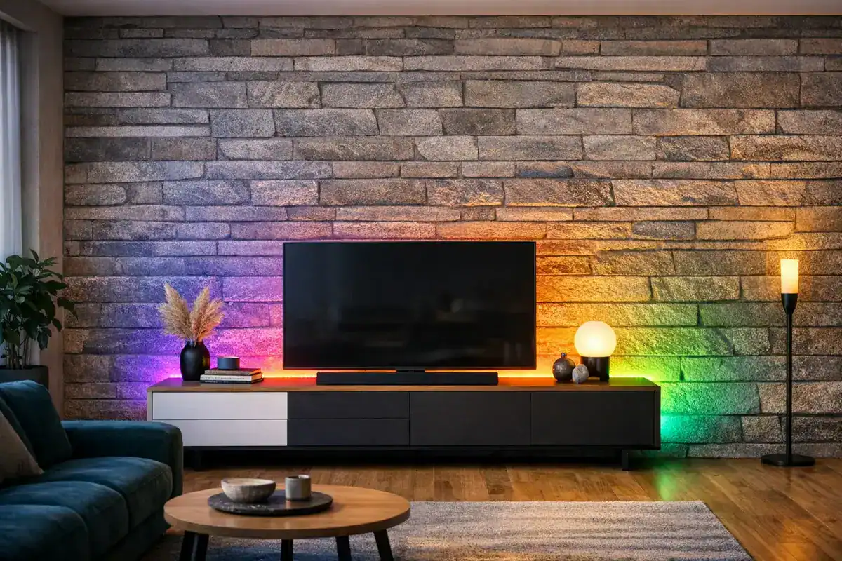 bande LED RGBIC derrière meuble TV pour effet backlighting et lumière indirecte dans un salon décoré en 2026