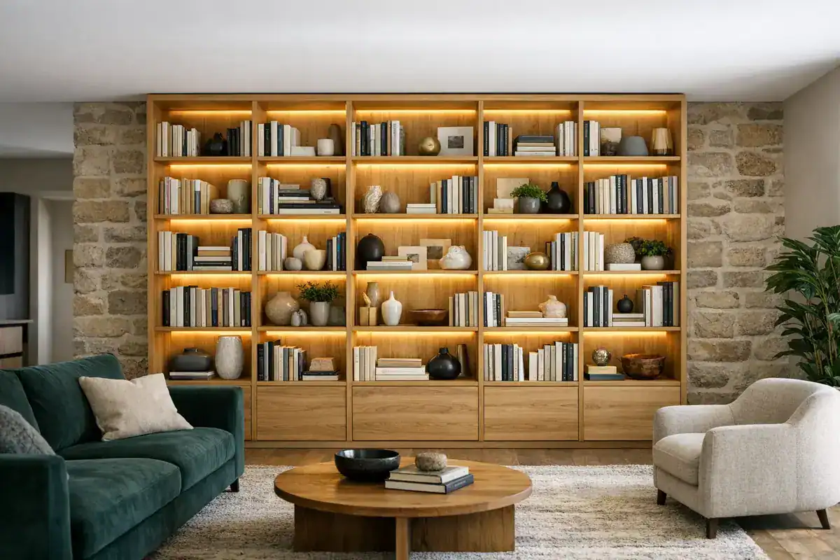 bibliothèque ouverte en bois avec éclairage LED intégré sous chaque tablette pour salon décoré style IKEA Gautier Ethnicraft