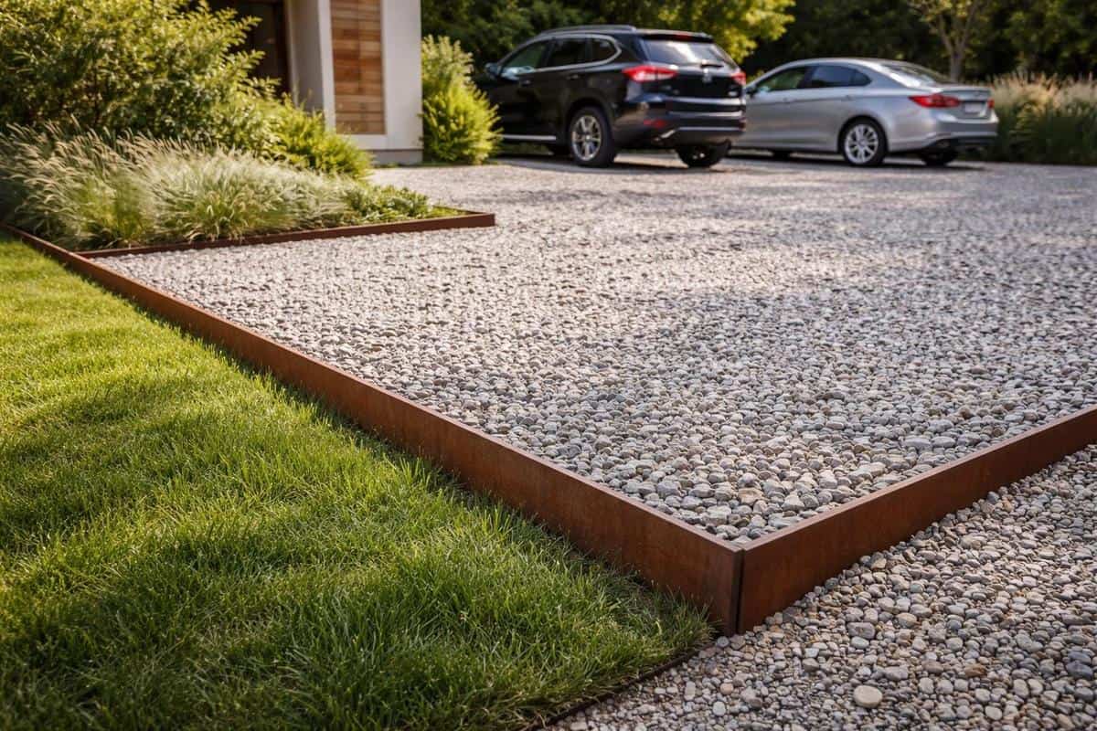 bordure acier Corten contention gravier parking extérieur aménagement maison durable