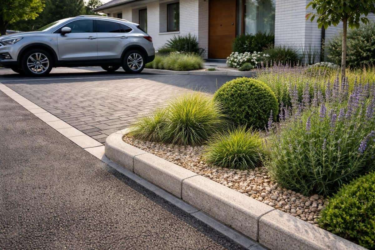 bordure paysagère béton désactivé pierre reconstituée délimitation parking maison finition nette aménagement extérieur
