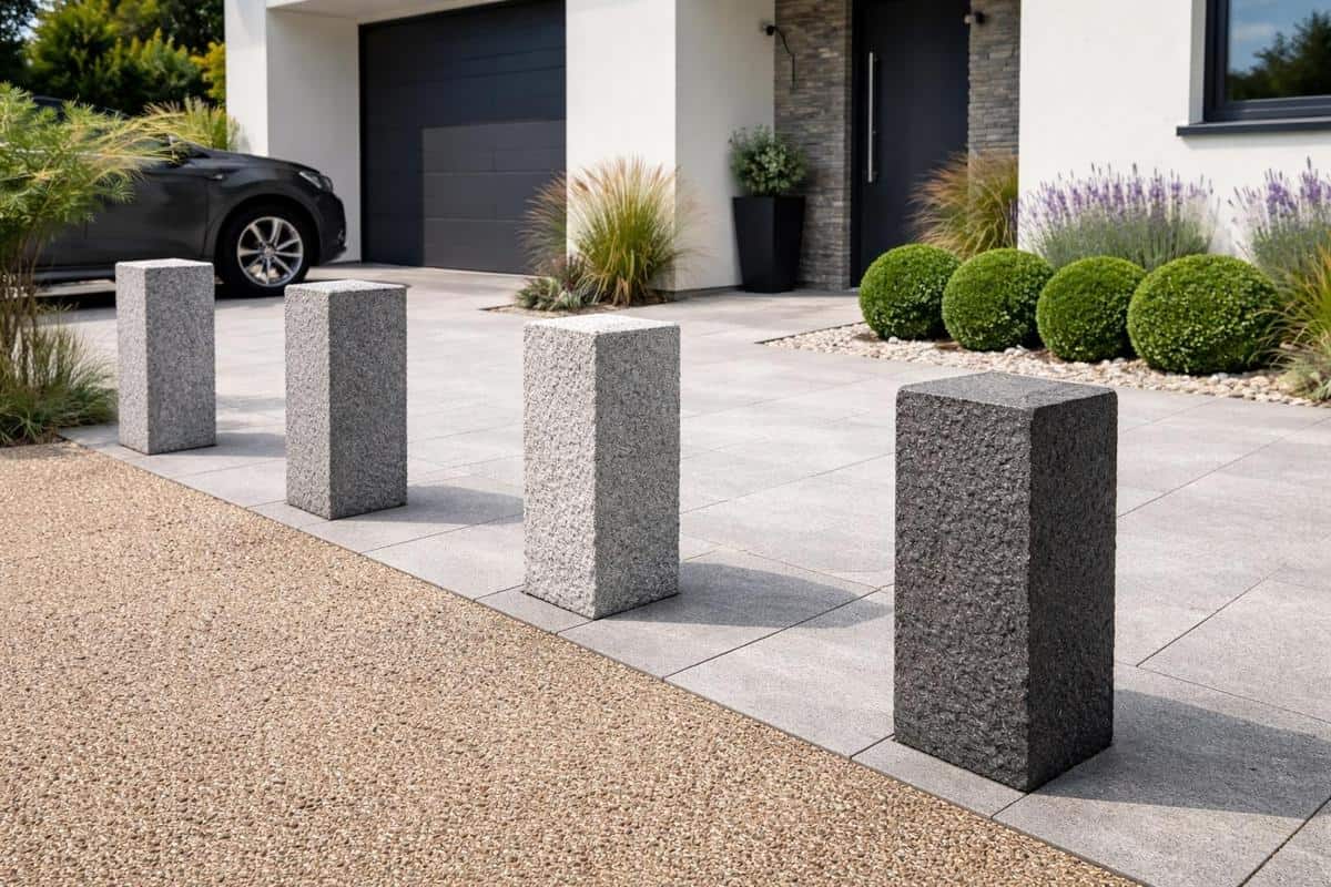 bornes granit naturel délimitation parking maison béton désactivé grès cérame finition bouchardée