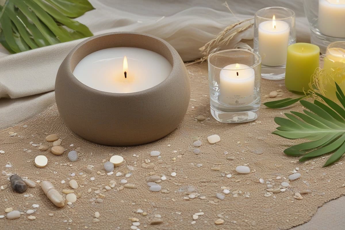 Bougies pillar cire de soja non parfumée sur plateau bois brut ou terrazzo, mise en scène salon cocooning naturel