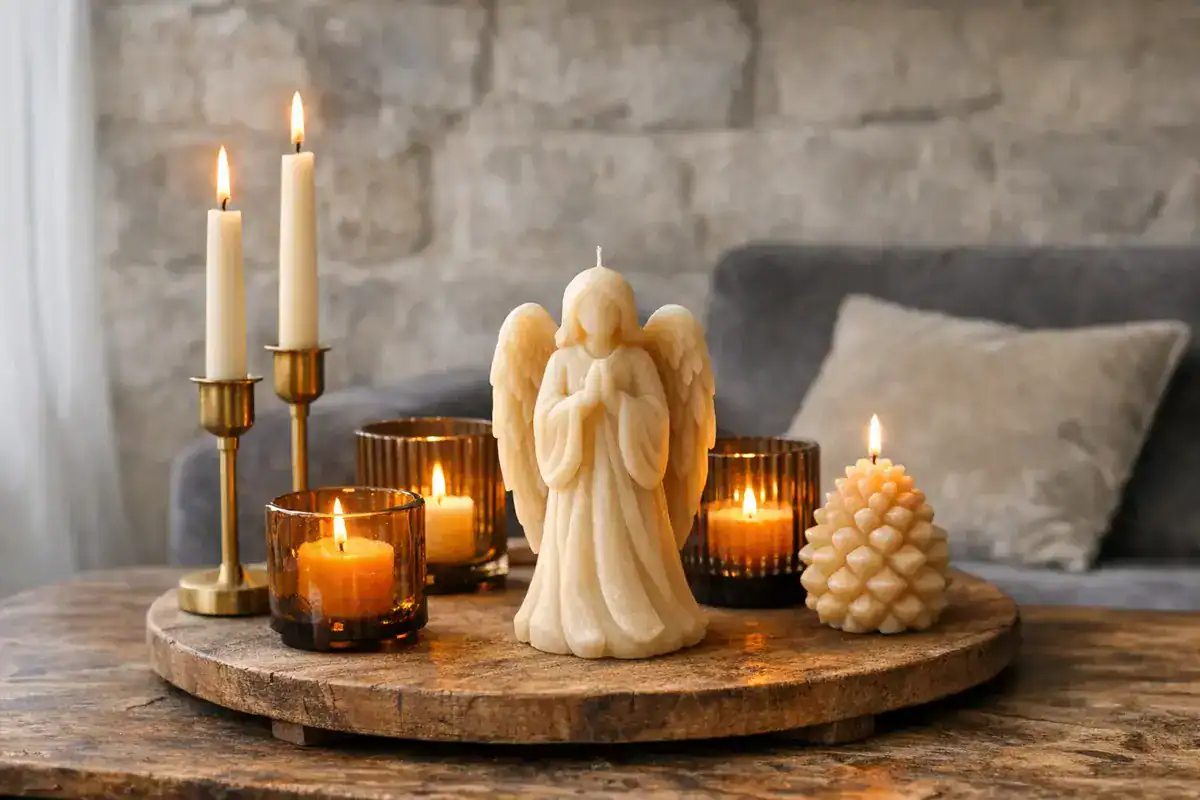 bougies sculptées en cire naturelle chandeliers laiton mat photophores verre ambré style scandinave cosy salon beige Broste Copenhagen