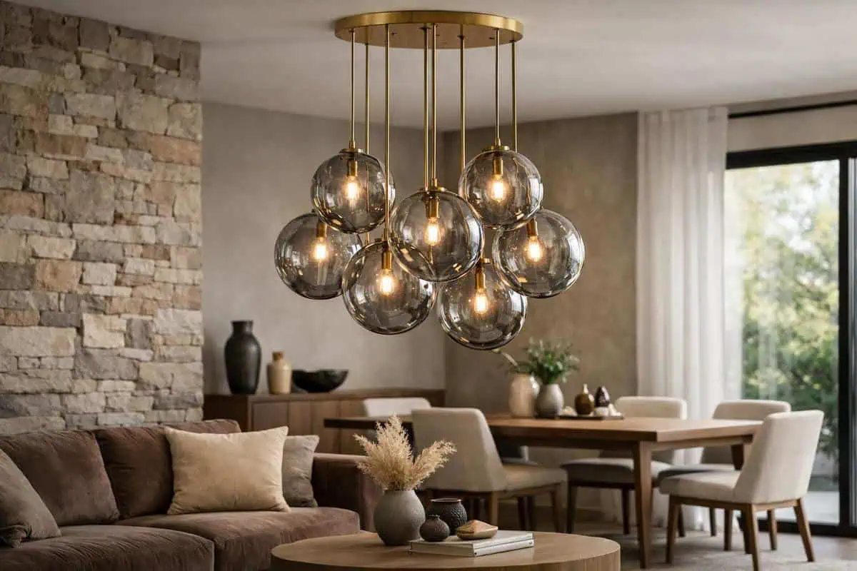 Boules lumineuses verre soufflé transparent fumé pour suspension contemporaine salon salle à manger