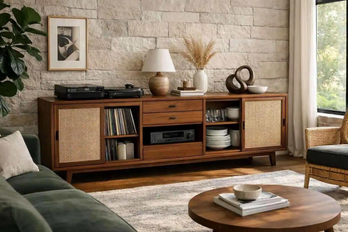 Buffet TV multifonctionnel en chêne blanchi avec portes cannées coulissantes pour rangement vinyles cables et decoration sensorielle salon