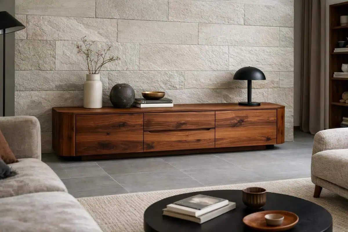 Buffet bas en noyer massif style sideboard avec poignées encastrées sur carrelage gris pour bois sombres sophistiques