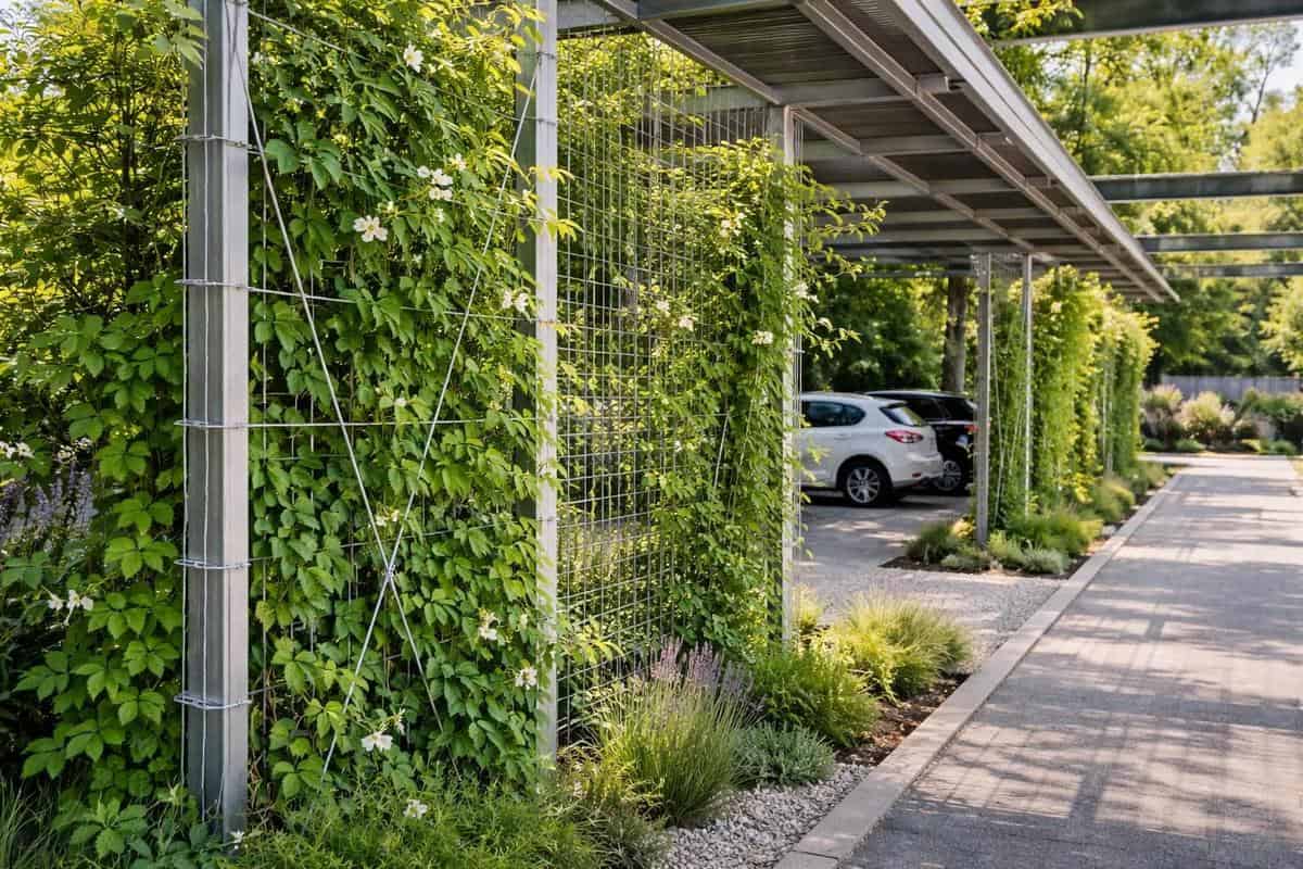 câbles inox treillis acier galvanisé pergola parking couverture végétale transition minéral végétal