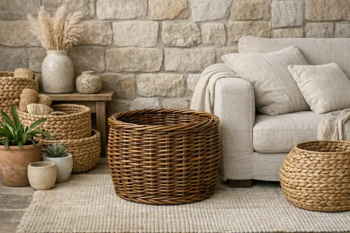 cache-pot terre cuite non émaillée et panier osier pour idée déco salon beige naturellement organique