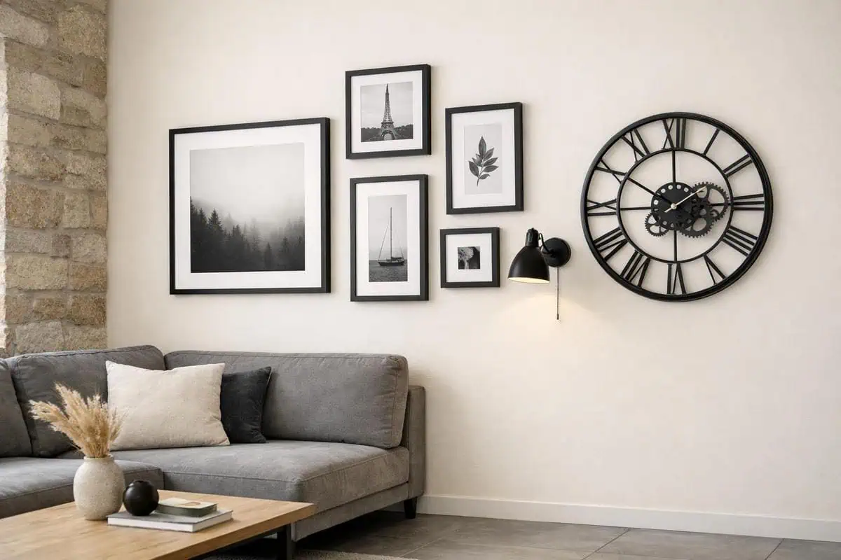 cadres noirs Ribba Ikea asymetriques en galerie murale sur peinture blanc casse avec sol carrelage gris clair style scandinave contraste