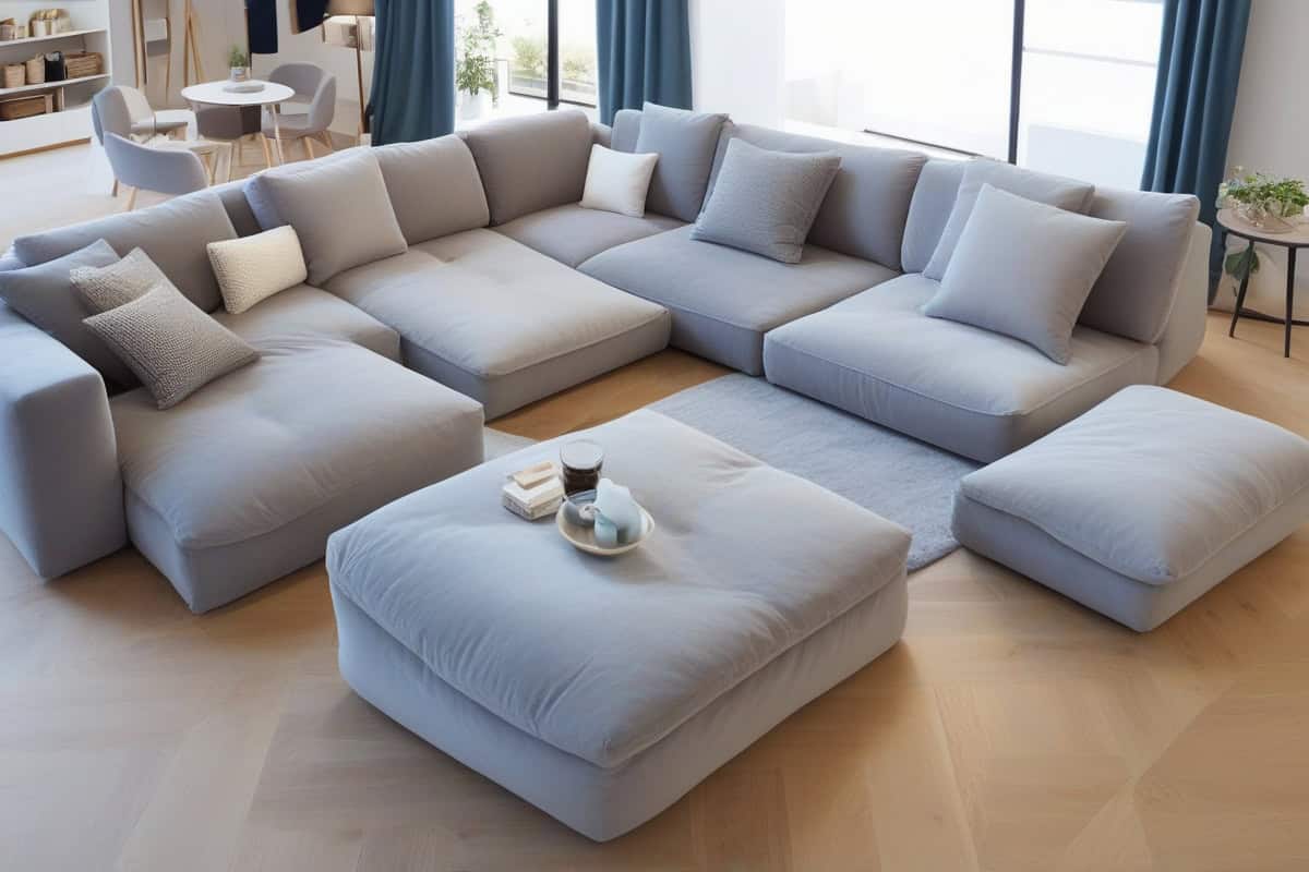 canapé d'angle XXL avec ottoman intégré en velours côtelé taupe pour salon cocooning, idée déco salon cosy style IKEA Kivik