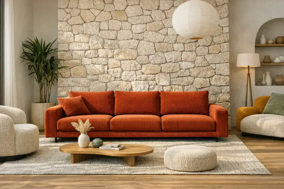 canapé bas seventies en velours terracotta pieds métal noir mat style rétro salon 2026