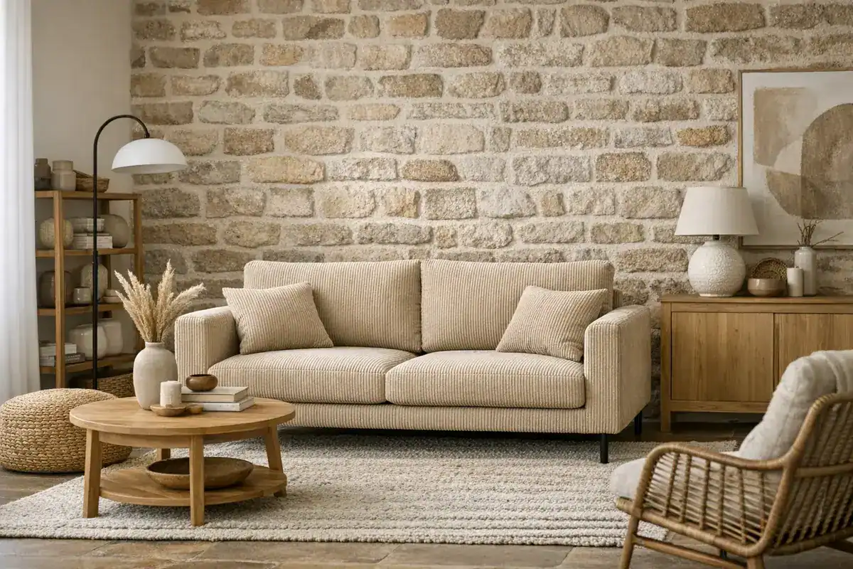 canapé beige velours côtelé avec coussins texturés et plaid mohair pour idée déco salon beige chic