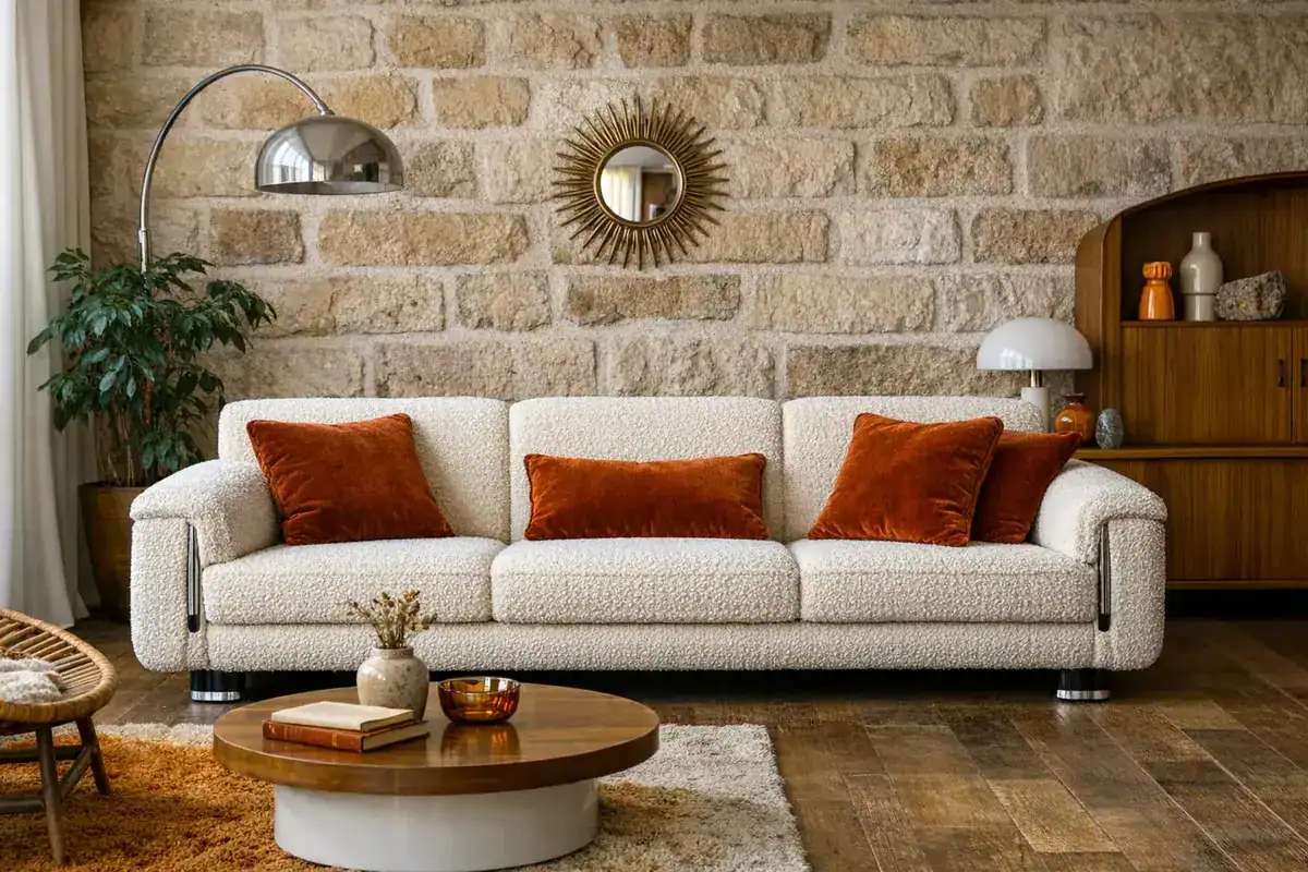 canapé bouclette ivoire avec coussins velours rouille décoration salon rétro années 70 tendance 2026