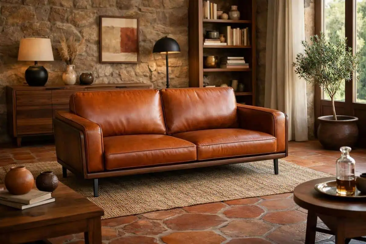 Canapé en cuir pleine fleur cognac patiné sur sol tomette rouge avec structure noyer, style rustique convivial méditerranéen