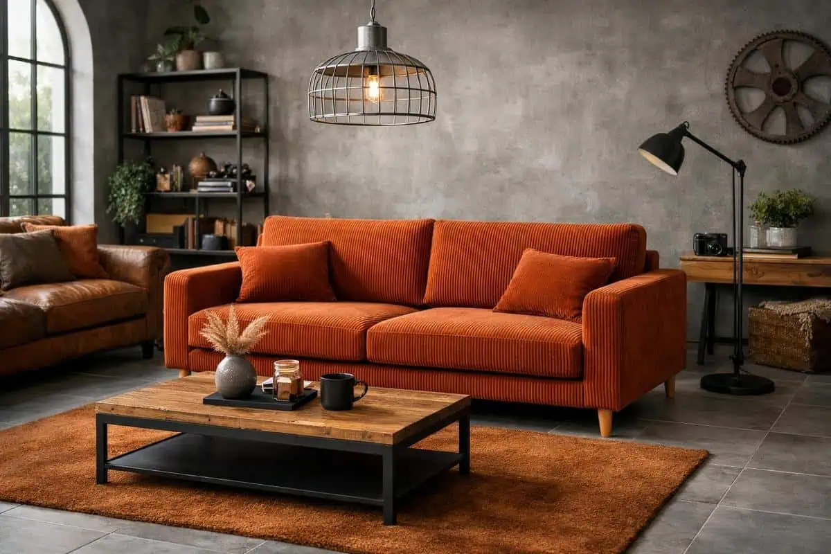 Canapé en cuir vieilli cognac avec coussins velours côtelé rouille pour style industriel loft avec carrelage gris clair