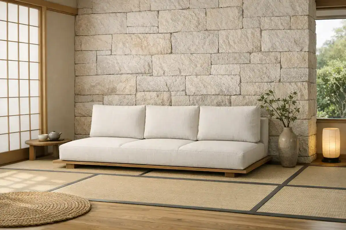 canapé futon bas en lin écru lignes droites assise ferme mobilier minimaliste déco salon japonais