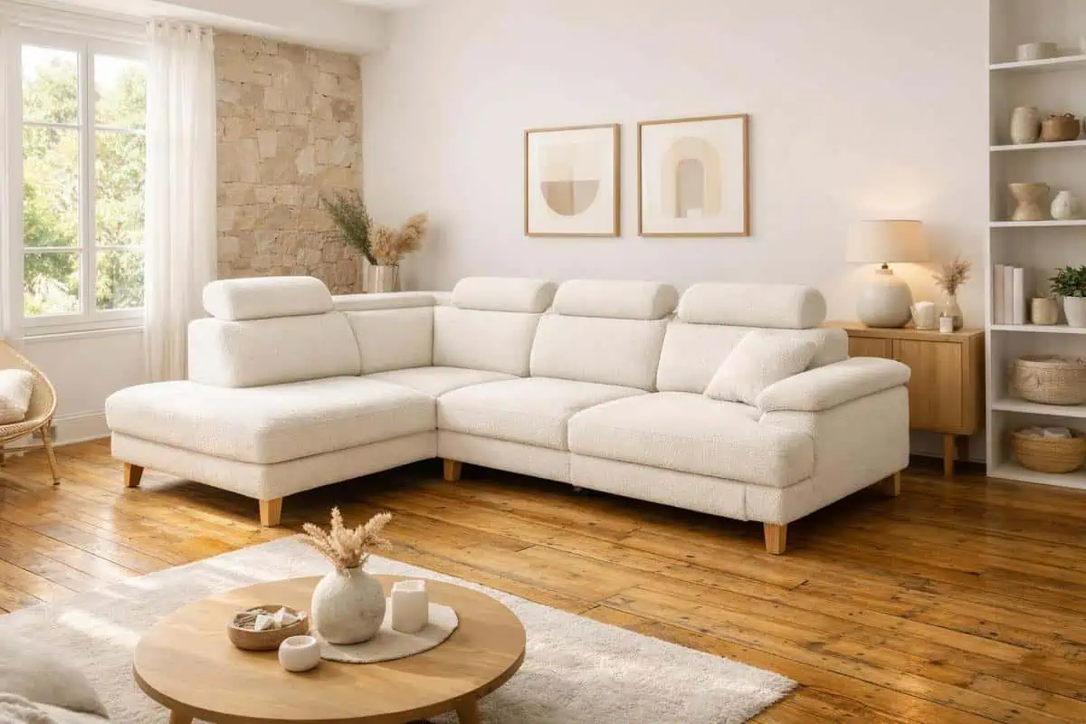 canapé scandinave en tissu bouclette ivoire et velours côtelé sable avec pieds chêne naturel pour style lumineux parquet antique