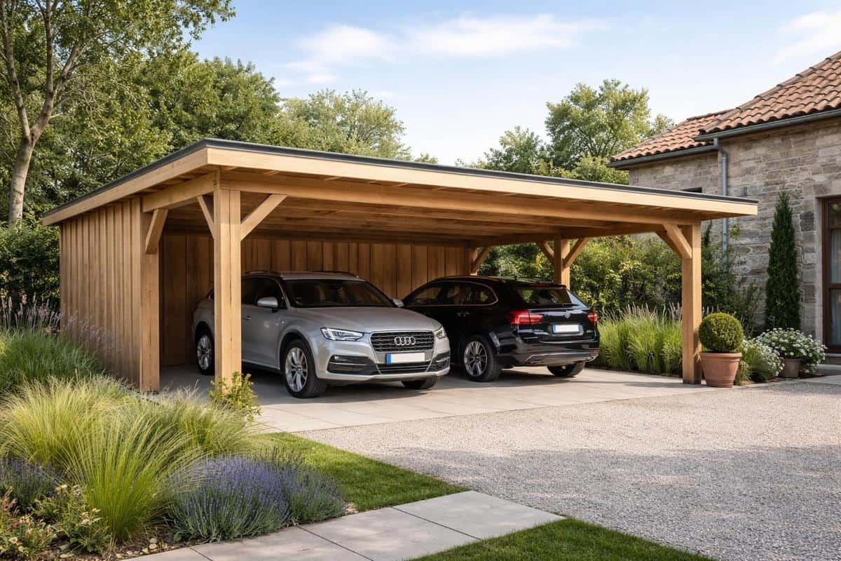 carport bois Douglas traité autoclave parking maison champêtre architecture organique abri stationnement