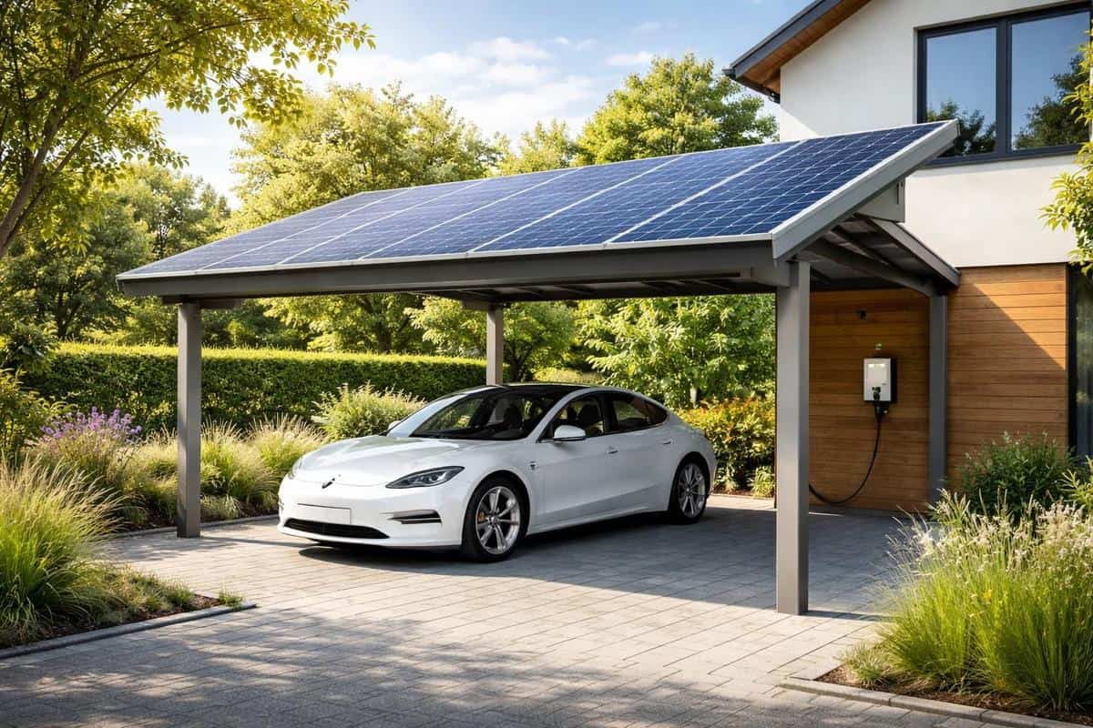 carport photovoltaïque panneaux solaires toiture parking maison recharge véhicule électrique