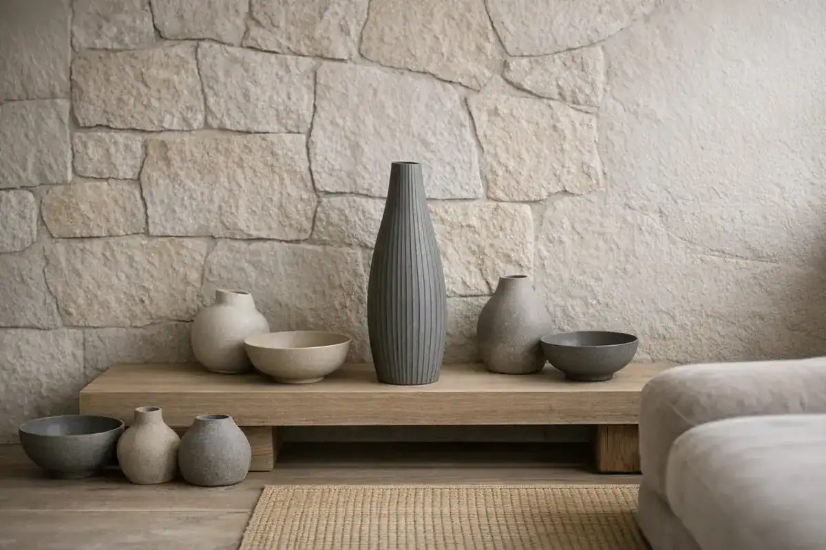 céramiques en grès gris beige vases asymétriques finition mate style japandi décoration salon beige minimaliste