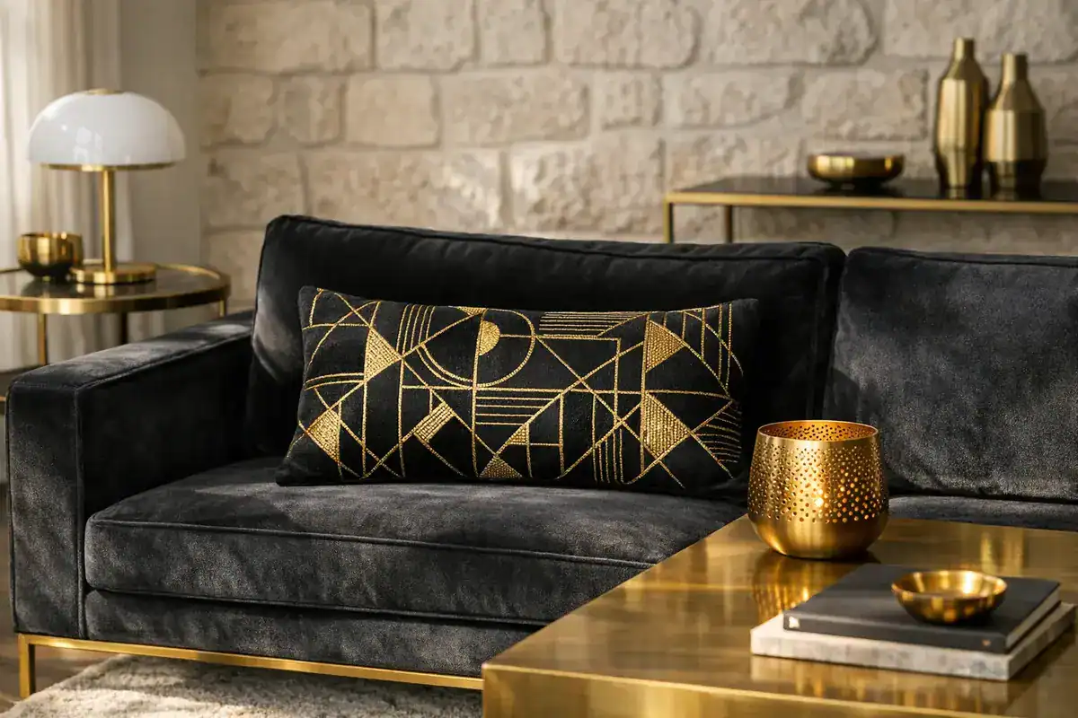 coussin brodé fils dorés géométrique et photophore métal doré perforé sur canapé noir touche dorée objets design salon élégant