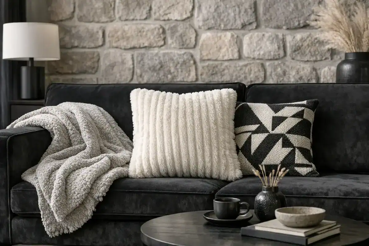 coussin fausse fourrure écrue et plaid sherpa gris tourterelle sur canapé noir mix de matières salon cosy