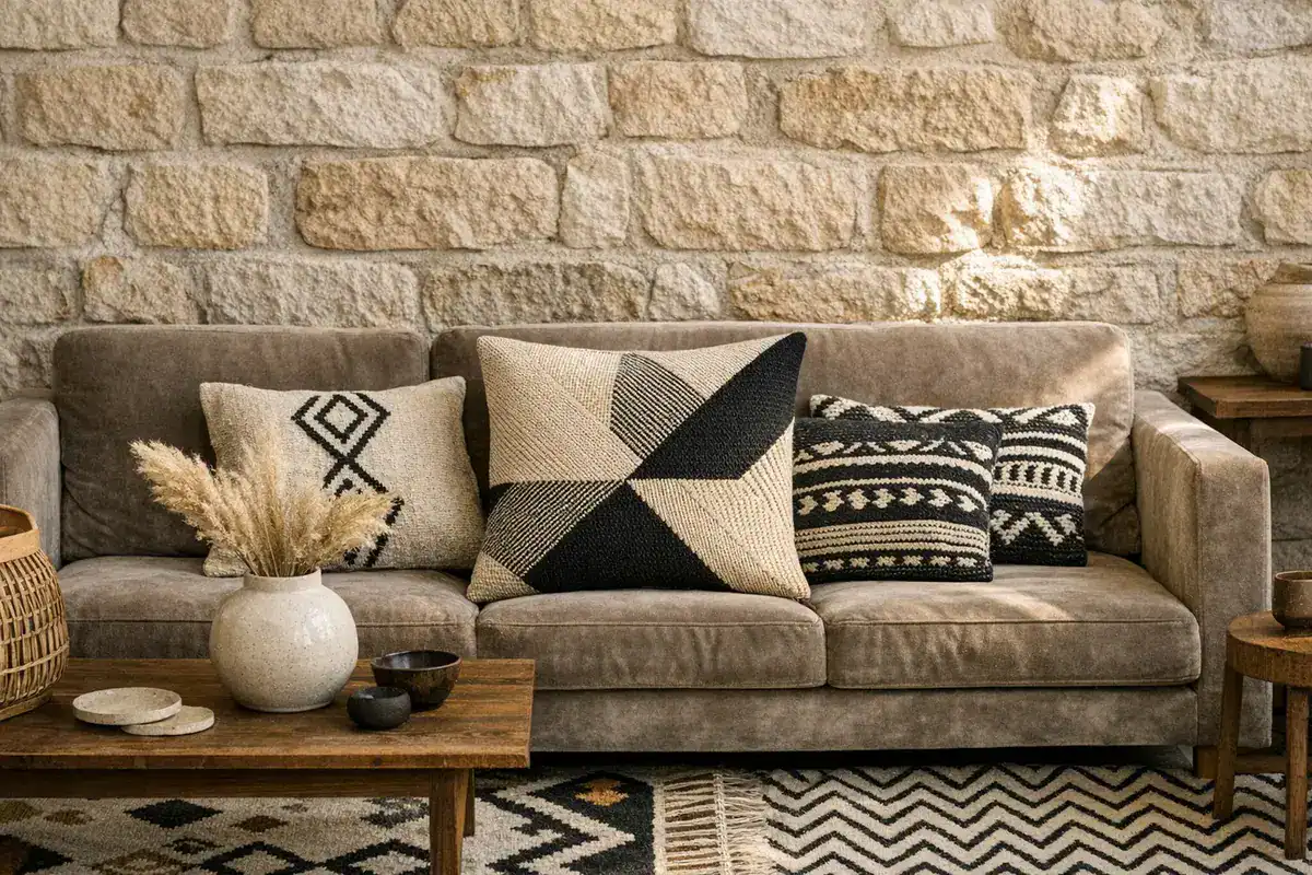 coussin jacquard coton noir beige motif géométrique idée déco salon beige Ferm Living Maison du Monde