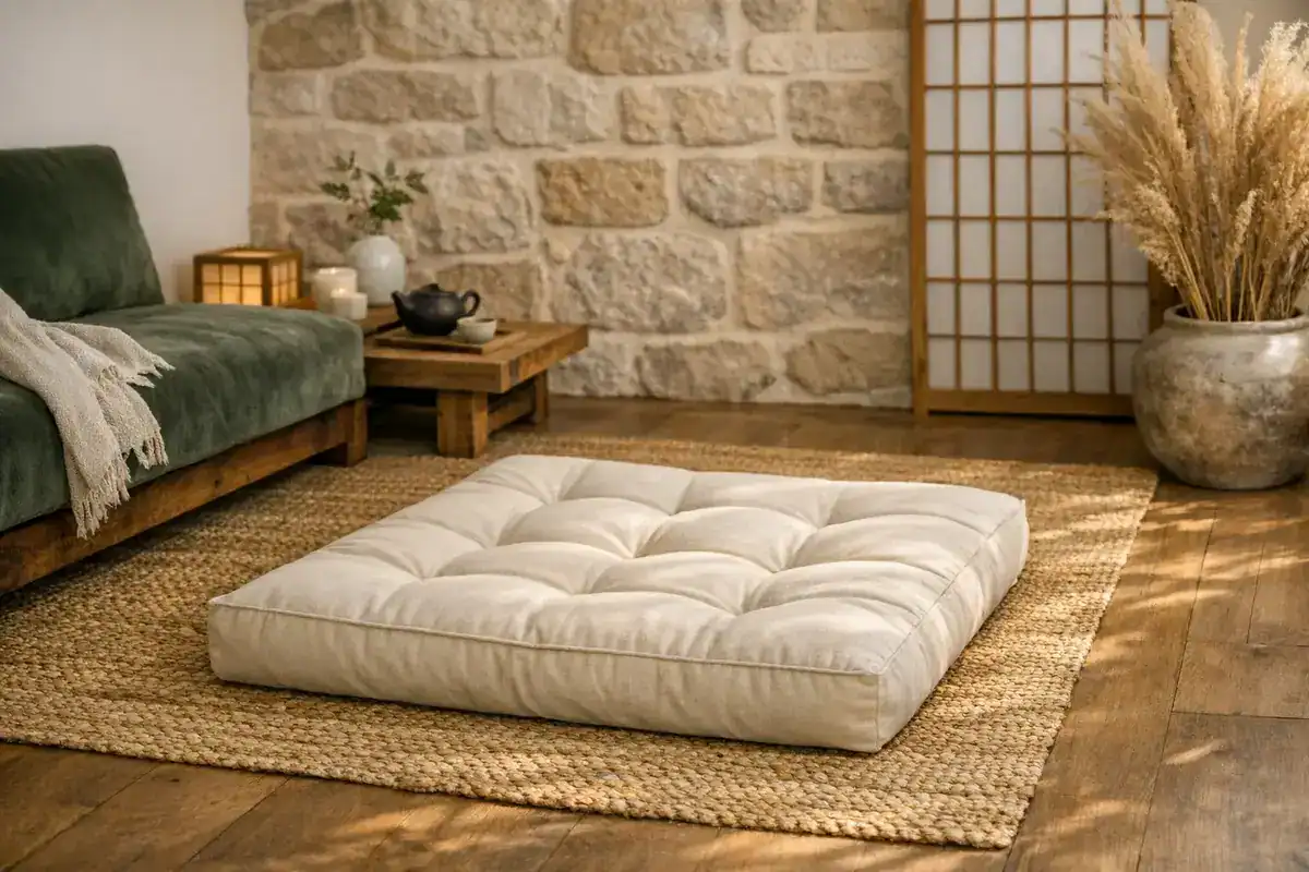 coussin de sol zabuton en lin naturel 60x60 cm pour salon japonais zen, idée déco assise au sol style japonais