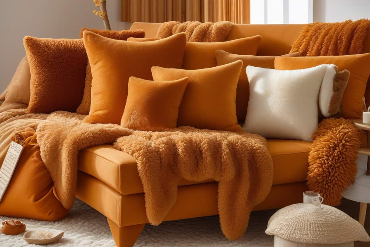 coussin en tissu bouclette teddy sherpa ivoire caramel pour salon cocooning douillet et chaleureux