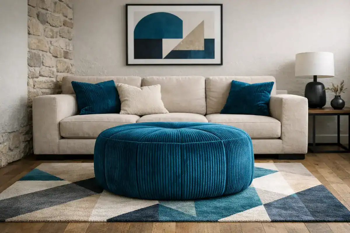 coussin en velours côtelé bleu canard sur canapé beige sable, idée déco contraste chromatique salon