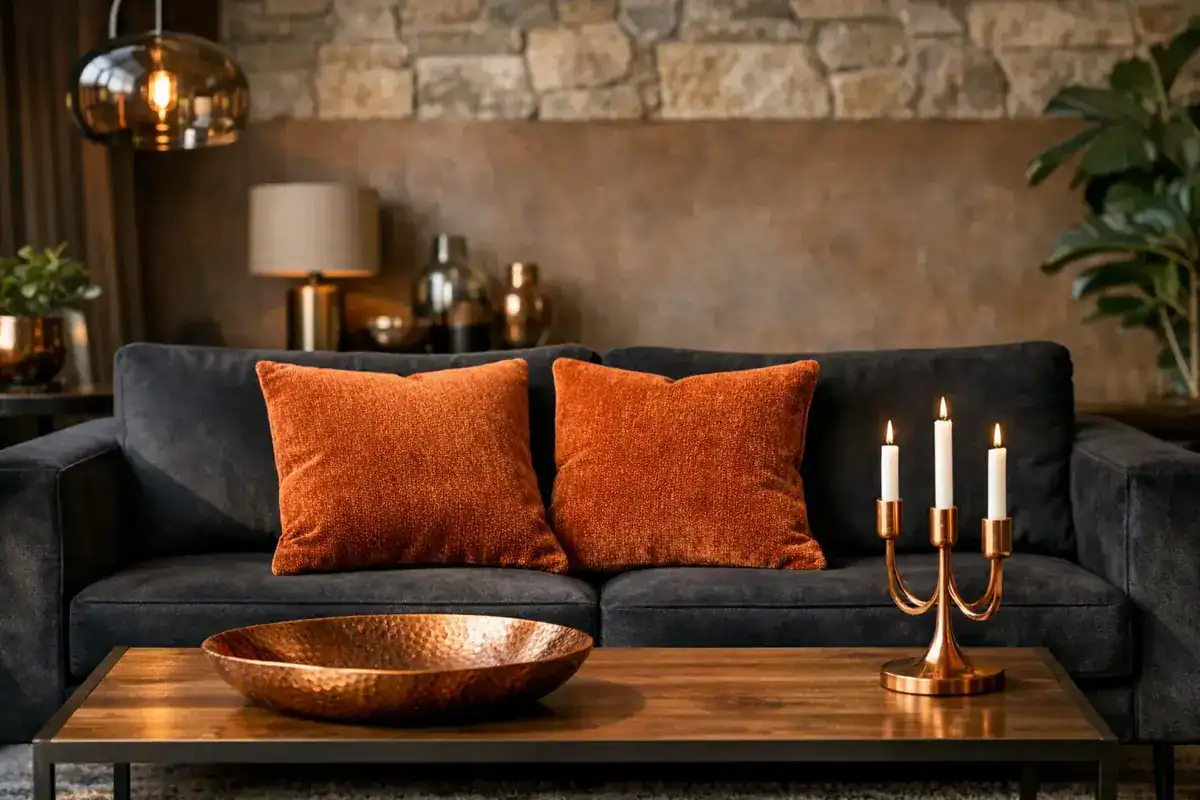 coussin velours cuivré et vide-poche cuivre martelé sur canapé noir mix de matières touches metalliques salon style contemporain