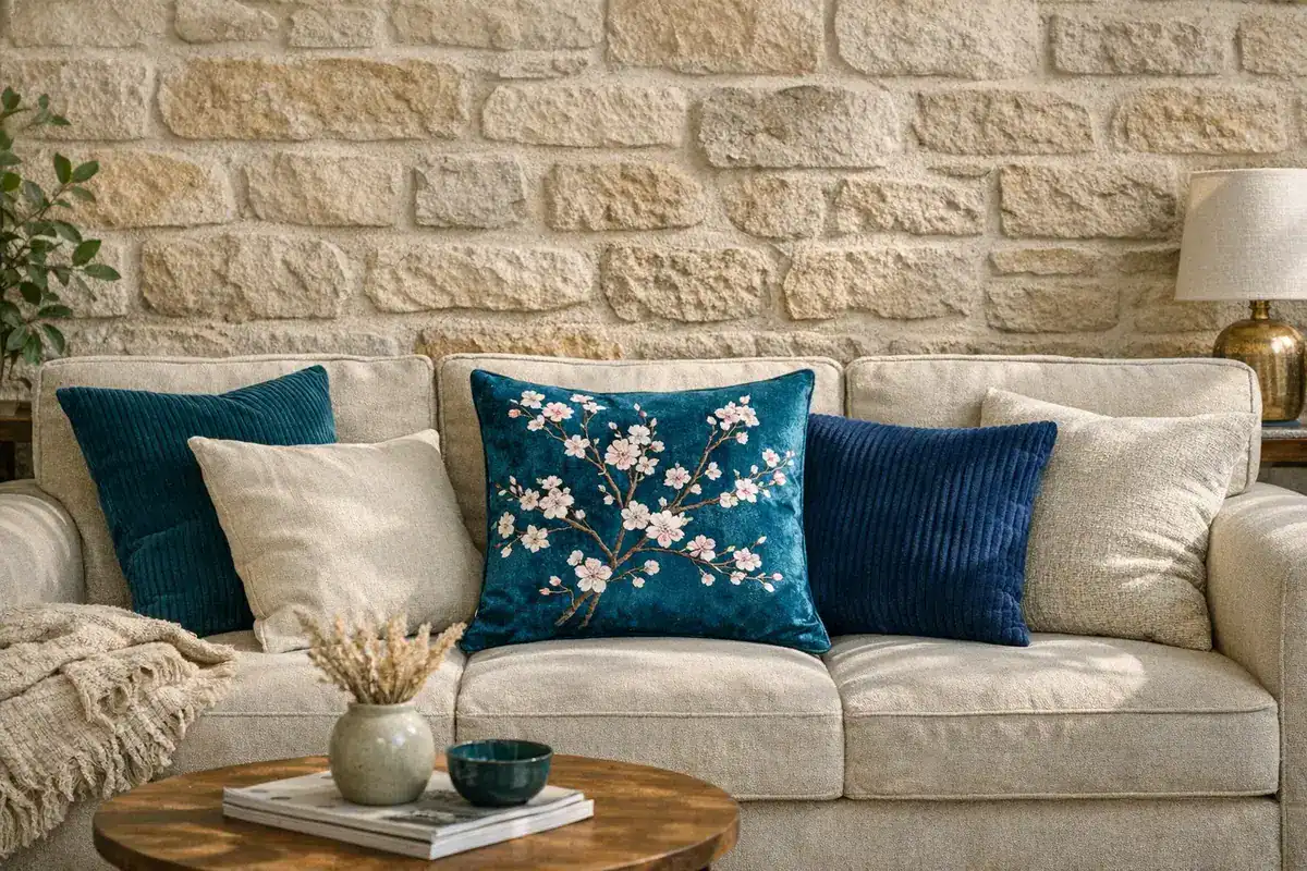 coussin velours frappé vert sarcelle bleu pétrole 45x45 canapé salon beige idée déco couleur profonde