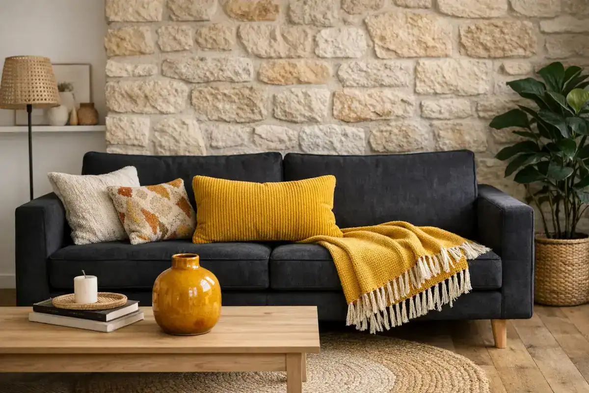 coussin velours côtelé jaune moutarde et plaid coton à franges sur canapé noir couleurs vives style contemporain salon