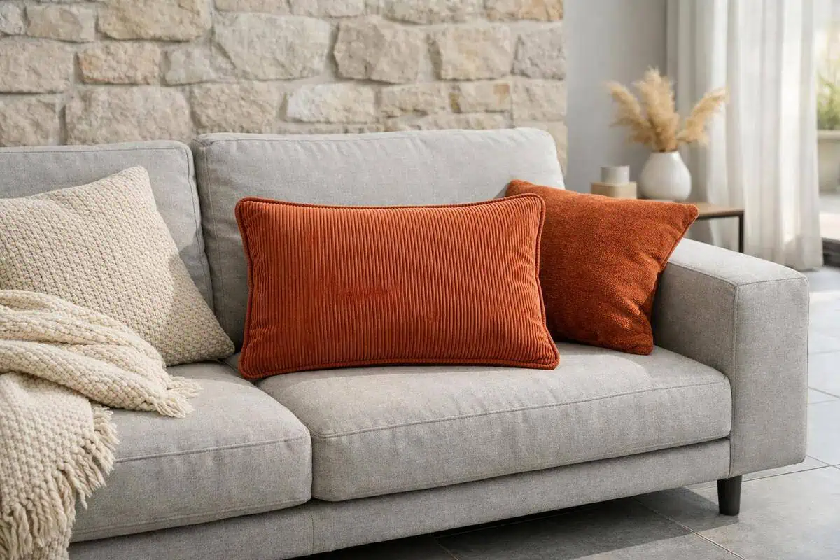 coussins colorés terracotta velours moutarde bleu profond touches accents salon carrelage gris clair couleurs vives