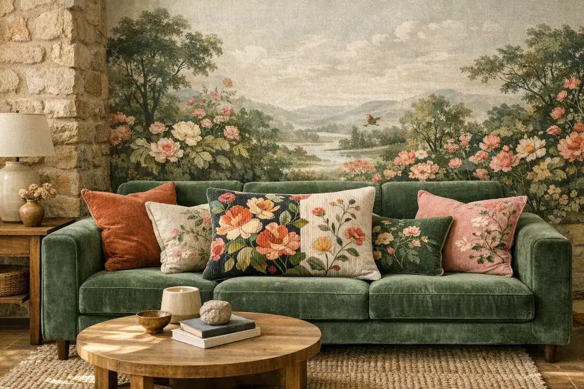 Coussins imprimés floraux grand format en velours côtelé et lin lavé pour canapé salon maximaliste 2026 Anthropologie H&M Home