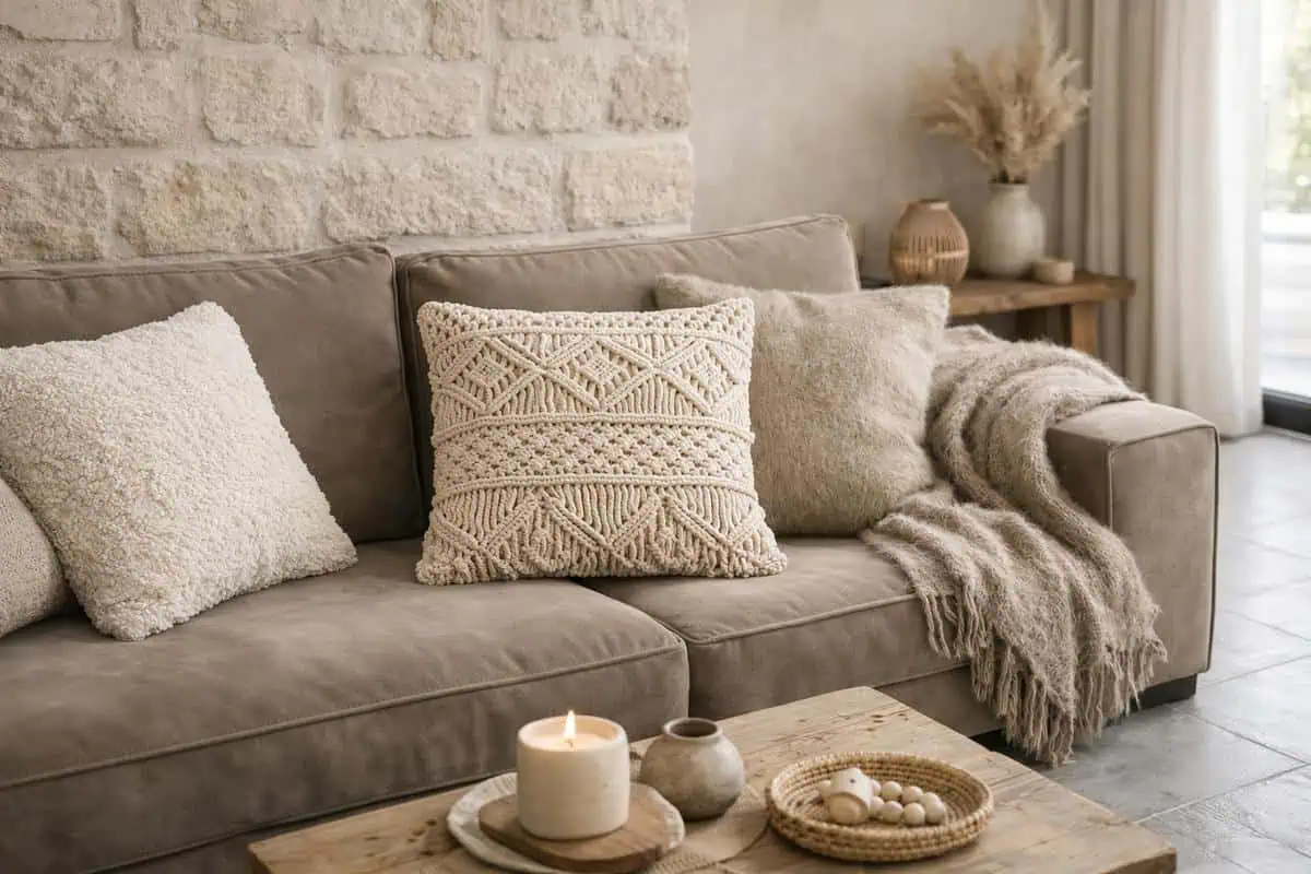 coussins chenille taupe bouclette beige plaid mohair macrame plateau travertin Maison du Monde avec sol carrelage gris clair neutre