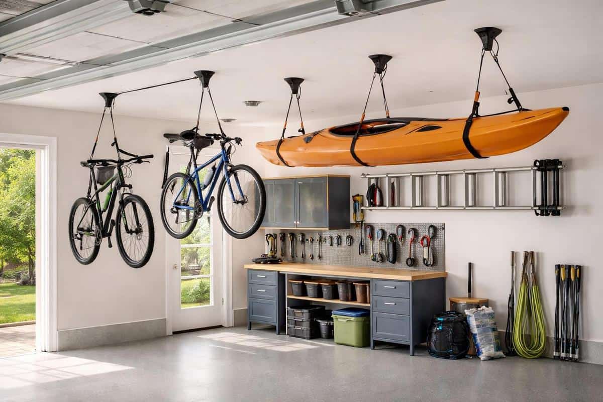crochets suspendus au plafond garage en acier anti-rouille, système poulie rangement vélo Fleximounts, libérer le sol du garage