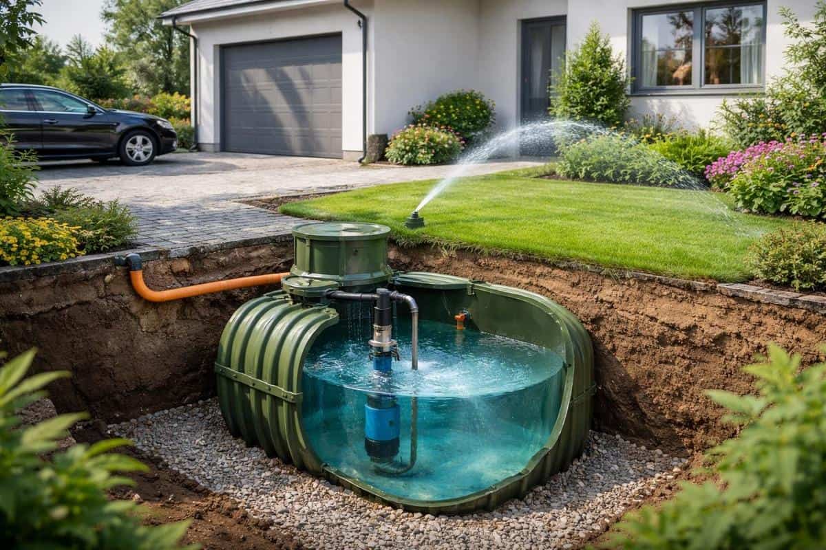 cuve enterrée récupération eau de pluie parking maison ruissellement arrosage jardin aménagement durable