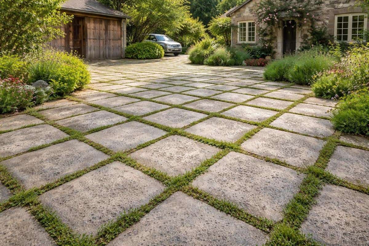 dallage béton vieilli joints enherbés sedum parking maison aménagement extérieur naturel