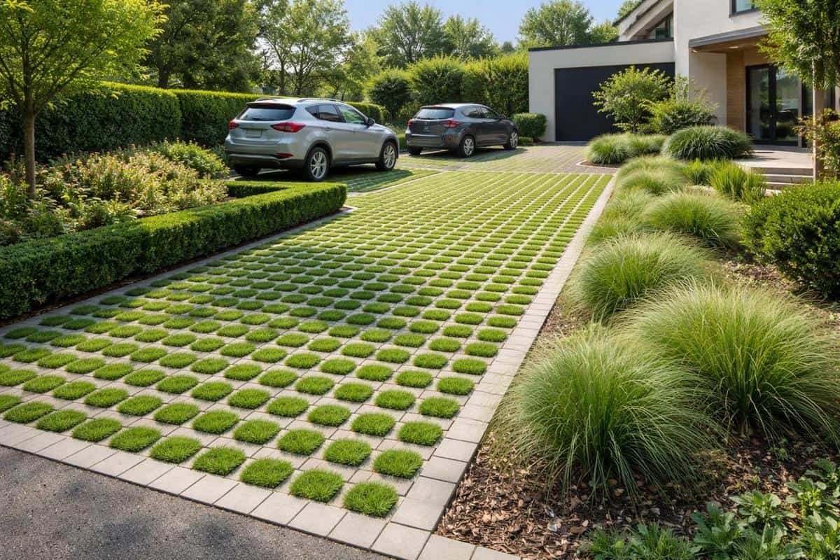 dalles alvéolées enherbées parking paysager résidentiel intégration jardin aménagement extérieur maison