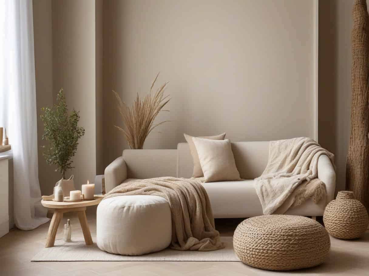 Idée déco salon beige épuré et chic avec des matières naturelles et des tons neutres